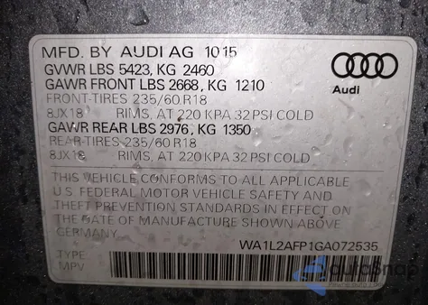 2016 Audi Q5 2.0T Premium z USA, uszkodzony, nr VIN WA1L2AFP1GA072535